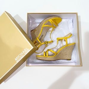 Michael Kors bright yellow and tan summer wedges